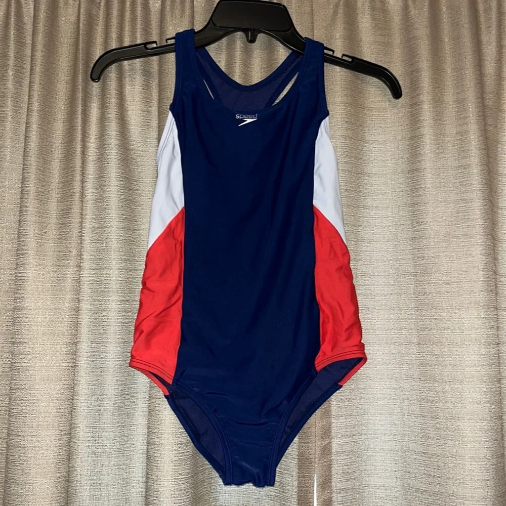 Speedo Infinity Splice One Piece Swimsuit Girls XL Red Blue White Racerback